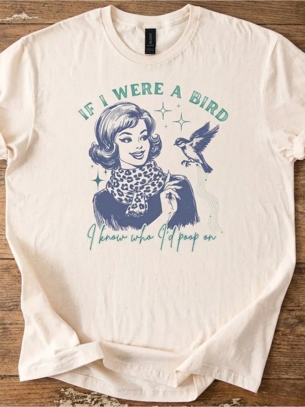 Gildan Cream Graphic Tee with Teal and Navy Retro Illustration